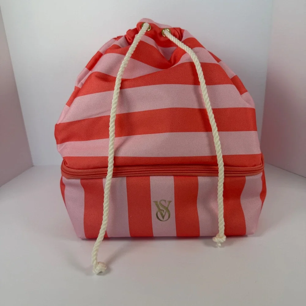Victorias Secret Pink Orange Striped Drawstring Backpack Insulated Cooler Base